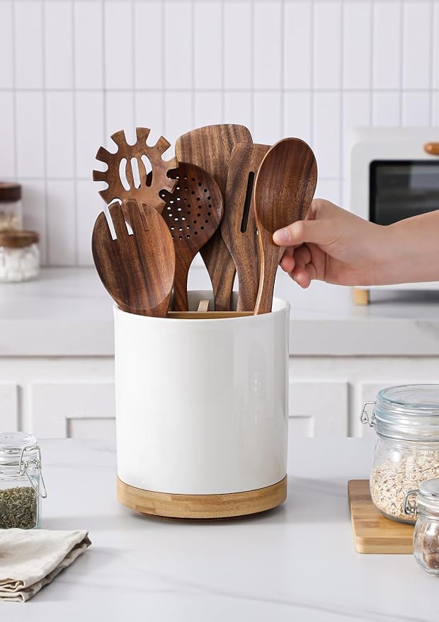 LoeJan 3 Compartment Utensil Holder, Extra Large Utensil Crock, Stable Ceramic - Image 4
