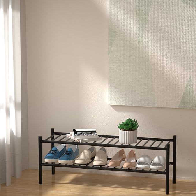 ROMGUAR CRAFT 2-Tier Bamboo Long Shoe Rack, Free Standing Wood Shoe Shelf - Image 2