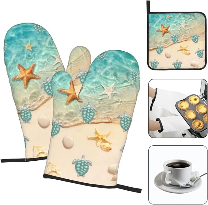 Sea Turtles Beach Oven Mitts and Pot Holders Sets of 3 Nautical Kitchen Decor - Image 3