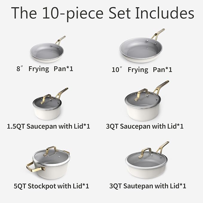 10-Piece Nonstick Ceramic Cookware Set, Non-Toxic Ceramic Coated Aluminum Pots - Image 3