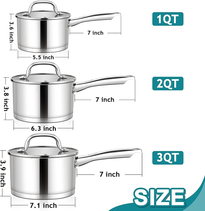 E-far Stainless Steel Saucepan - 1QT & 2QT &3QT - Image 2