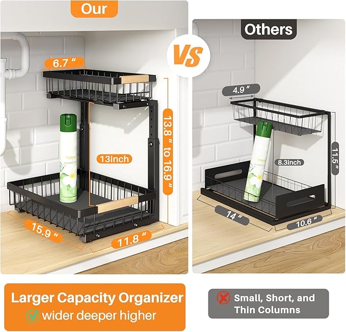 PXRACK Under Sink Organizer, Adjustable Height, 2 Tier Pull Out Under Cabinet - Image 2