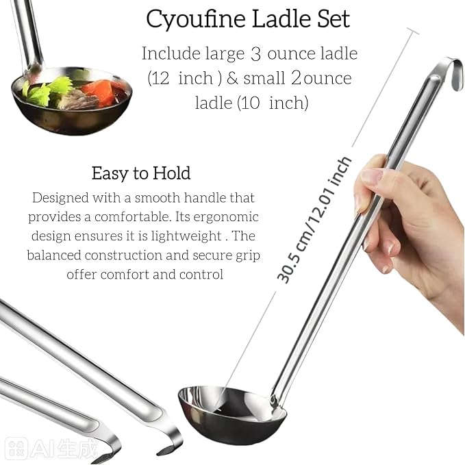 Stainless Steel Ladle 3 & 2-Ounce 2PC, Metal Kitchen Soup Ladle Spoon 12 inch & - Image 2