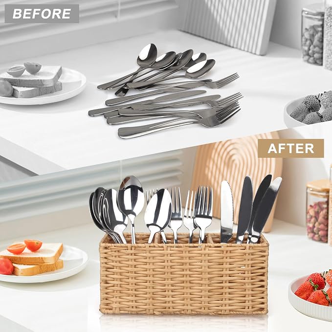 Ayiaren Wicker Flatware Silverware Caddy Cutlery Holder Kitchen Silverware - Image 6
