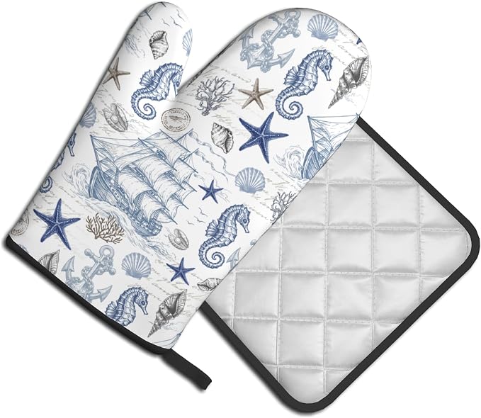 Navy Blue Oven Mitts and Pot Holders Sets Summer Beach Starfish Seashell Oven - Image 2