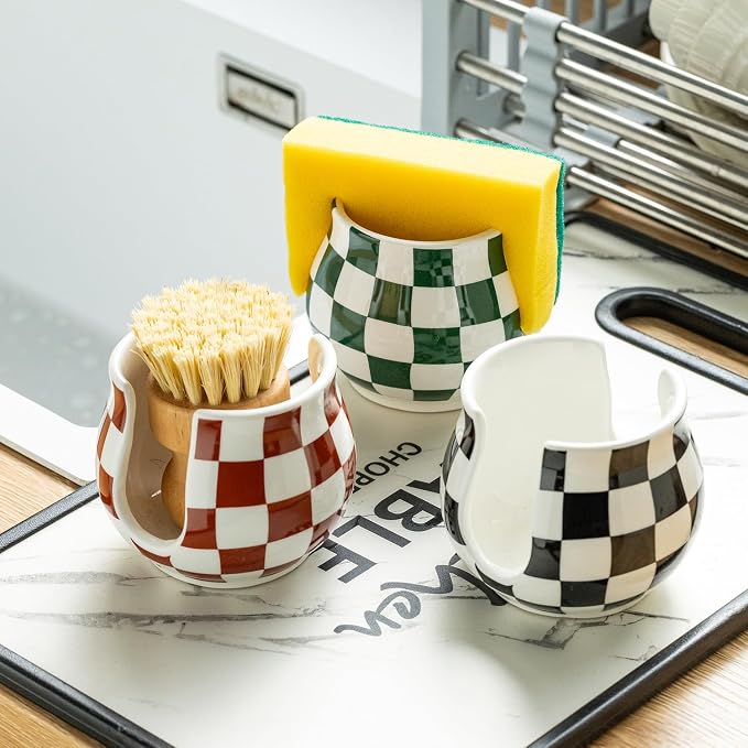 Zoeeker Kitchen Sponge Holder, Ceramic Sponge Organizer Checkered Scrubby - Image 7
