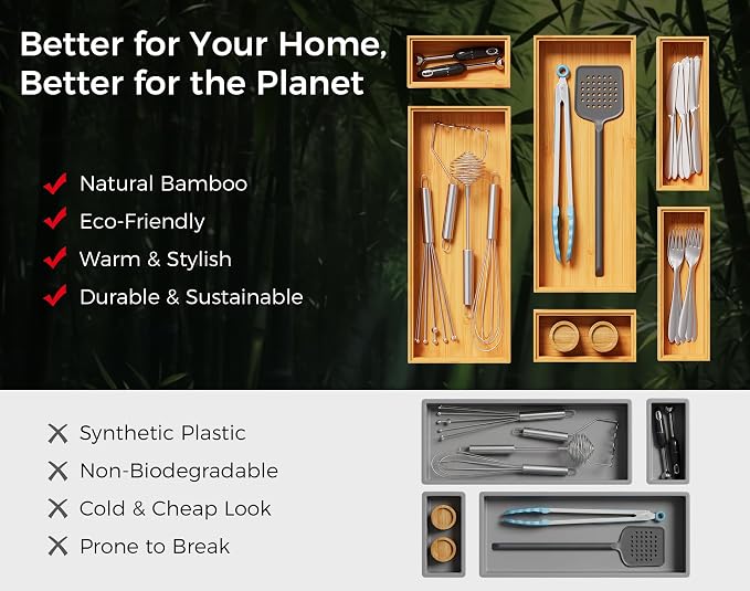Bamboo Kitchen Drawer Organizer Boxes – 12" x 3" Stackable Wood Silverware - Image 8