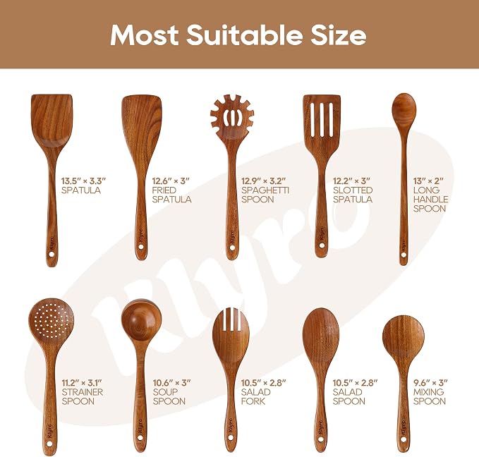 Teak Wooden Cooking Utensils Set, 10 Piece Premium Kitchen Cookware, - Image 6