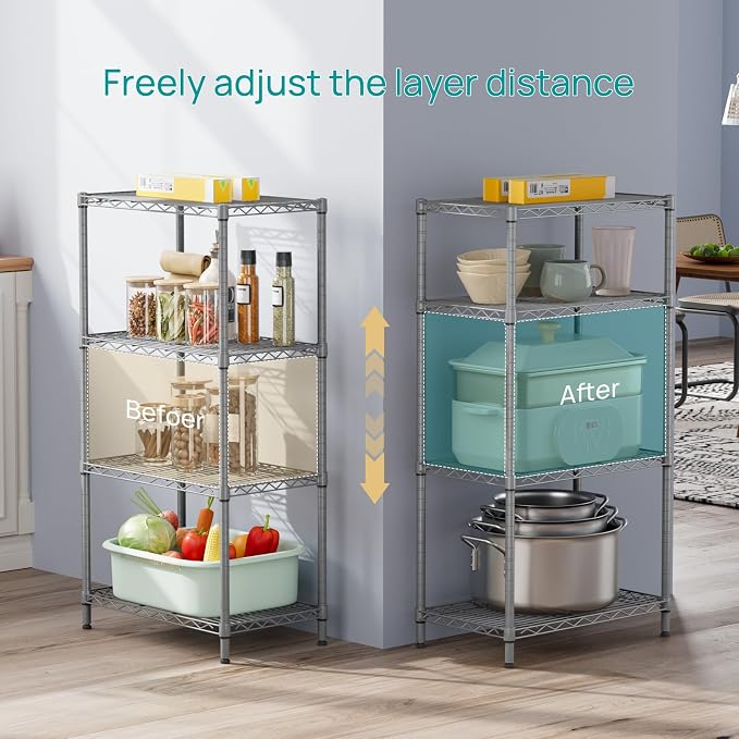 SINGAYE 4 Shelves Adjustable Storage Shelf Wire Shelving Rack Bathroom Standing - Image 3