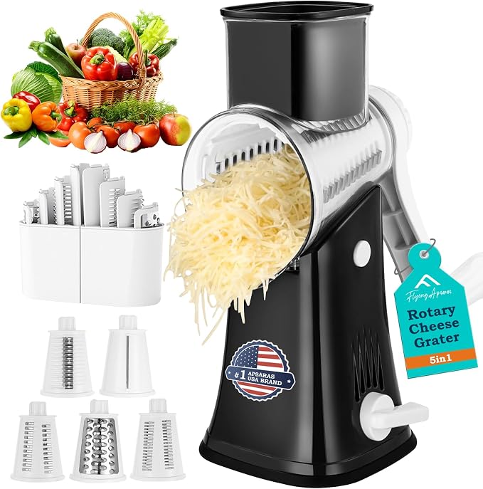 APSARAS USA Cheese Grater Hand Crank, Rotary Cheese Grater, 5 in 1 Rotary Grater by FLYINGAPSARAS