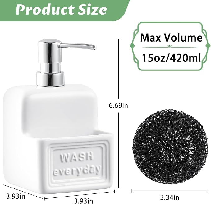 RQYIXI Soap Dispenser with Sponge Holder Ceramic Hand and Dish Soap Dispenser - Image 2