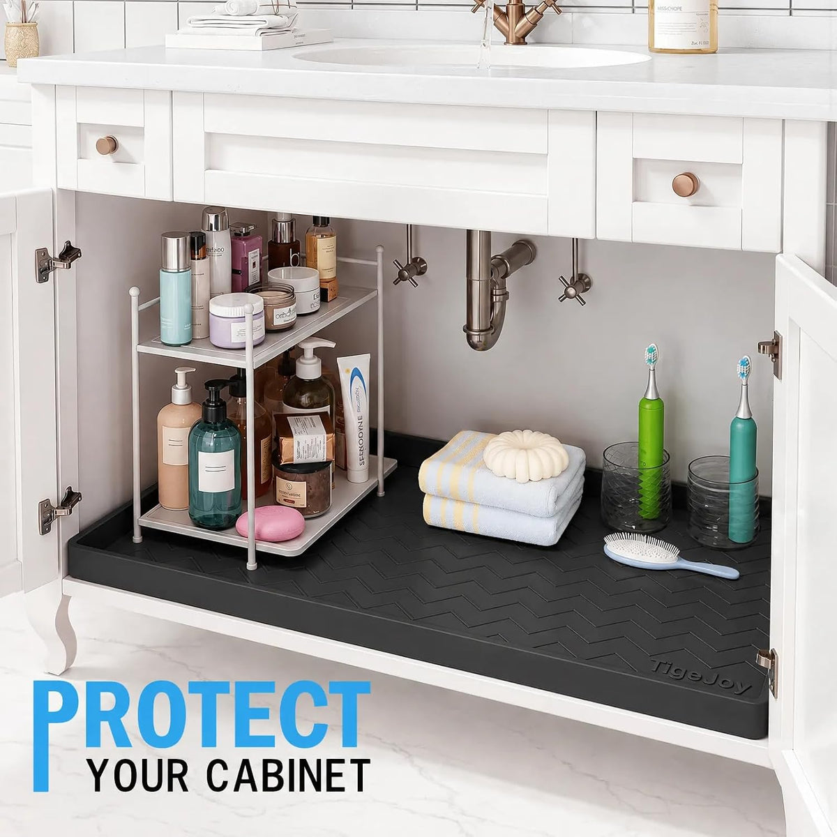 TigeJoy Under Sink Mats for Kitchen Waterproof 25" x 22", Cabinet