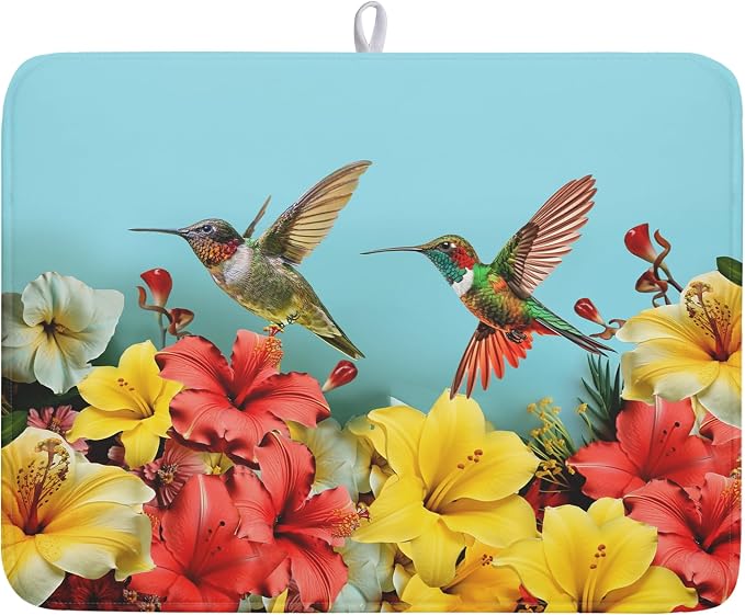 Kawani Spring Summer Hummingbirds Floral Dish Drying Mat by Kawani
