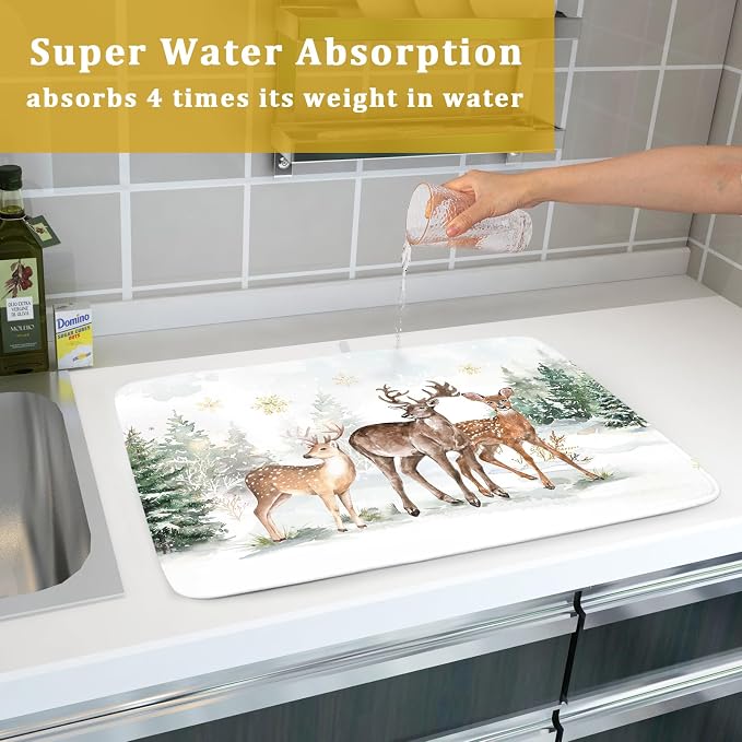 Winter Deer Dish Drying Mat for Kitchen Counter Xmas Trees Snowflake Festival - Image 7