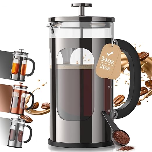 Veken French Press Coffee Maker 34oz, No Plastic Touching Cafe, Thickened Glass by Veken