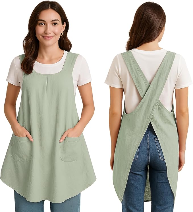 Apron for Women with Pocket Cotton Linen, Japanese Cross Back Apron for by ROLOSI