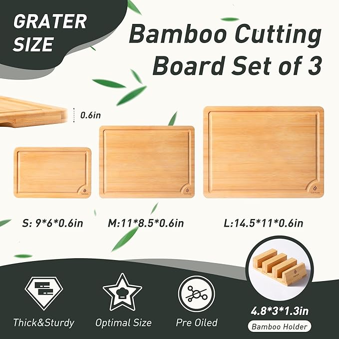 Bamboo Cutting Board Set Non Slip Feet - Image 2