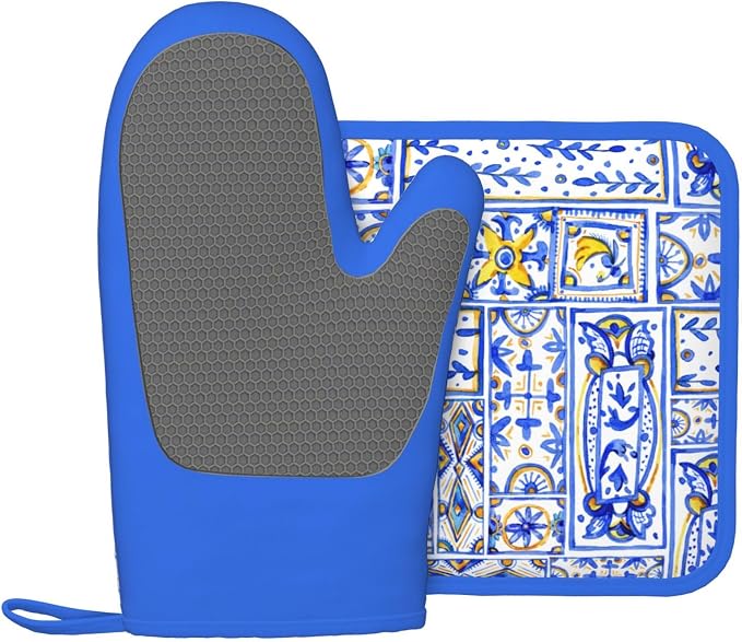 Blue Boho Geometric Silicone Oven Mitts Pan Mats Set of 2, Heat Resistant - Image 2