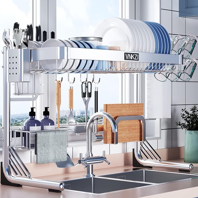 VNKZI Over Sink Dish Drying Rack, 2 Tier Full Stainless Steel Storage by VNKZI