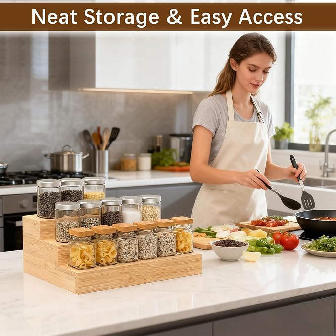 Bamboo Spice Rack for Cabinet, 3 Tier Spice Riser Shelf, 2 Pack Spices Stand - Image 3