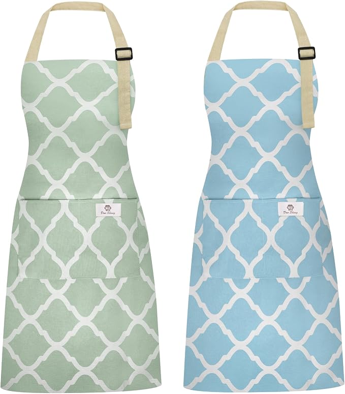 2 Pieces Aprons for Women with Pockets, Cotton Linen Waterproof Kitchen Cooking by Riqiaqia