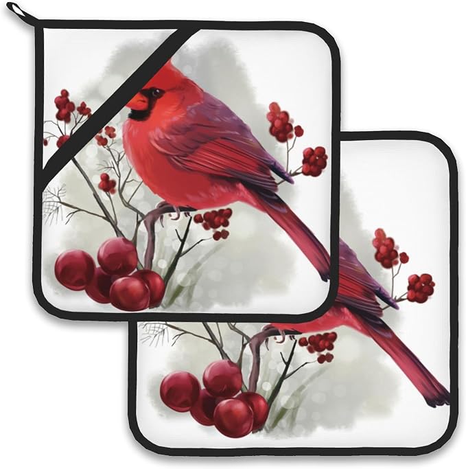 Christmas Cardinal Bird Pot Holder Set of 2, Heat Resistant Potholders Oven Hot by Larkverk