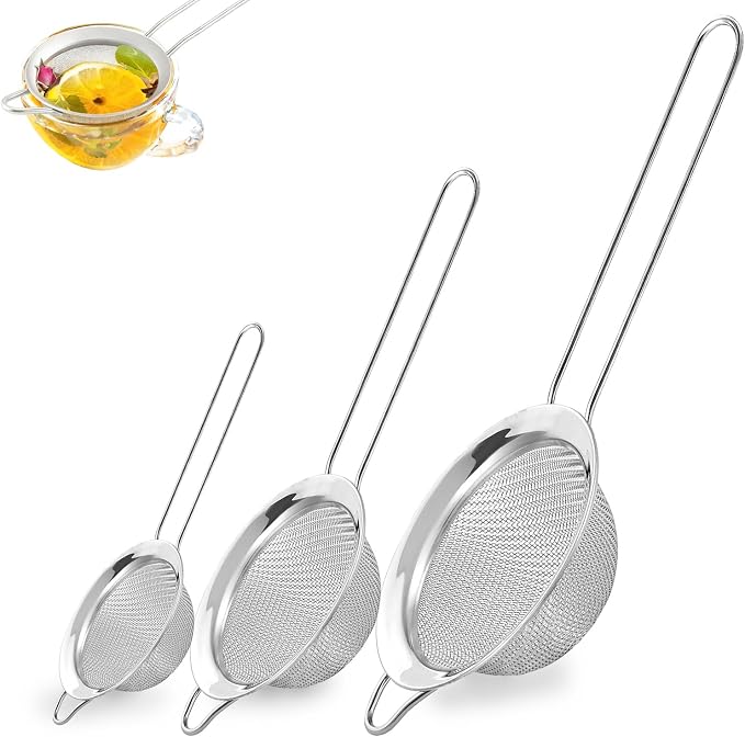 3Pcs Fine Mesh Strainer with Handle, Small Medium Large Size Sieve Strainers Set by BLIGKO