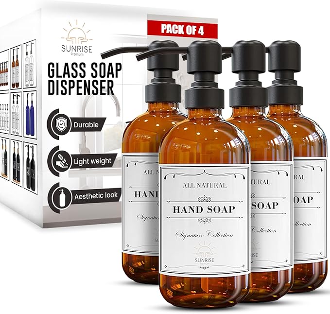 Sunrise Premium 4 Pack Amber Glass Soap Dispenser 16 OZ by SunrisePremium