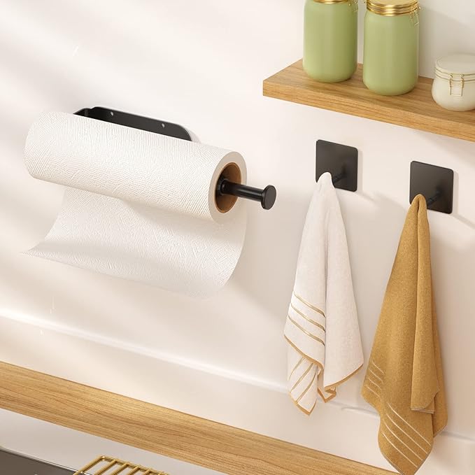 3 Pack Paper Towel Holder Under Cabinet + 2 Towel Robe Hooks, Single Hand - Image 2