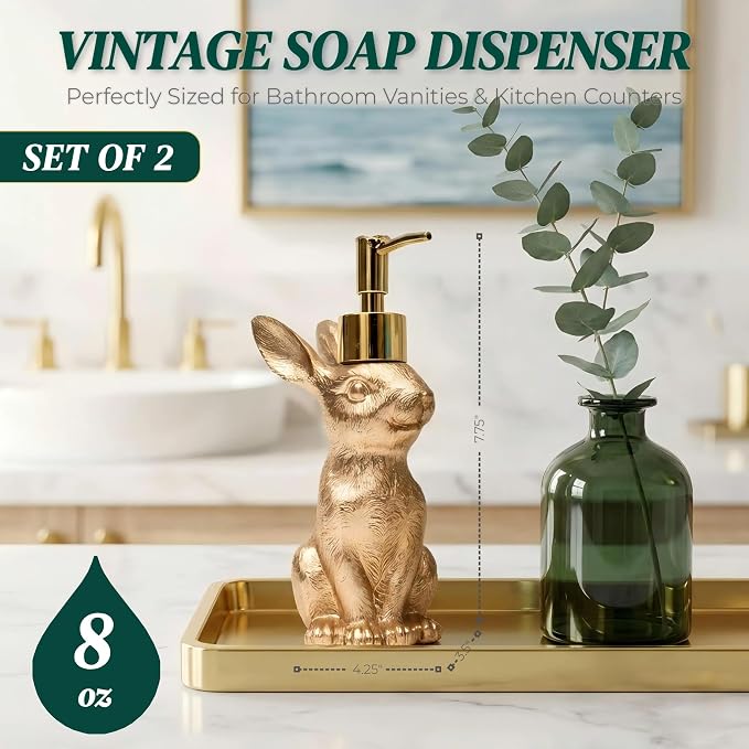 Gold Bunny Soap Dispenser Set of 2 – Vintage Rabbit Hand & Dish Soap Dispensers - Image 2