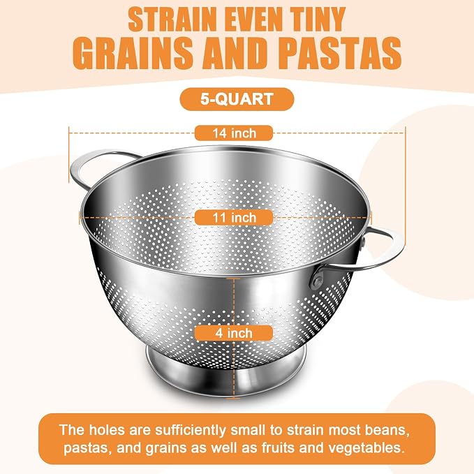 Stainless Steel Colander for Kitchen | 5 Quart Durable Rice and Pasta Strainer - Image 2