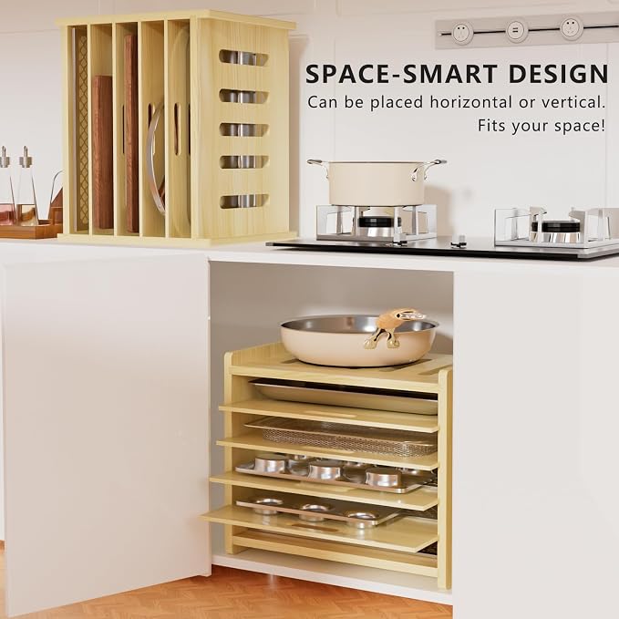 6 Tier Wooden Tray Dividers for Cabinets, Baking Cookie Sheet Organizer - Image 6