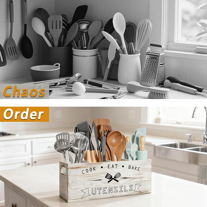 Extra Large and Durable Retro White Wooden Kitchen Utensil Holder - Image 5