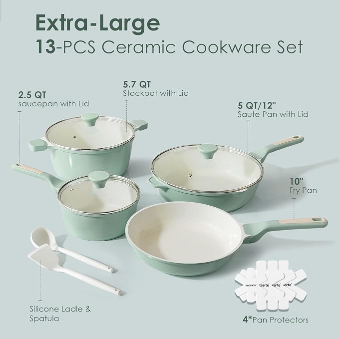 SENSARTE Nonstick Ceramic Cookware Set Large 13-Piece, Healthy Pots and Pans - Image 2