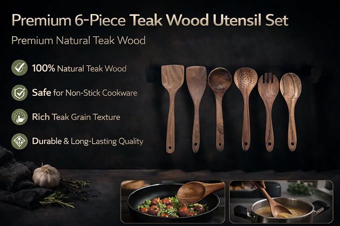 Teak Wood Kitchen Utensils Set – 6 Piece, Sustainable Teak Cooking Utensils - Image 5