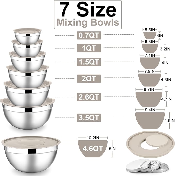 E-far Mixing Bowls with Lids Set, 7-Piece Stainless Steel Metal Mixing Bowls - Image 2