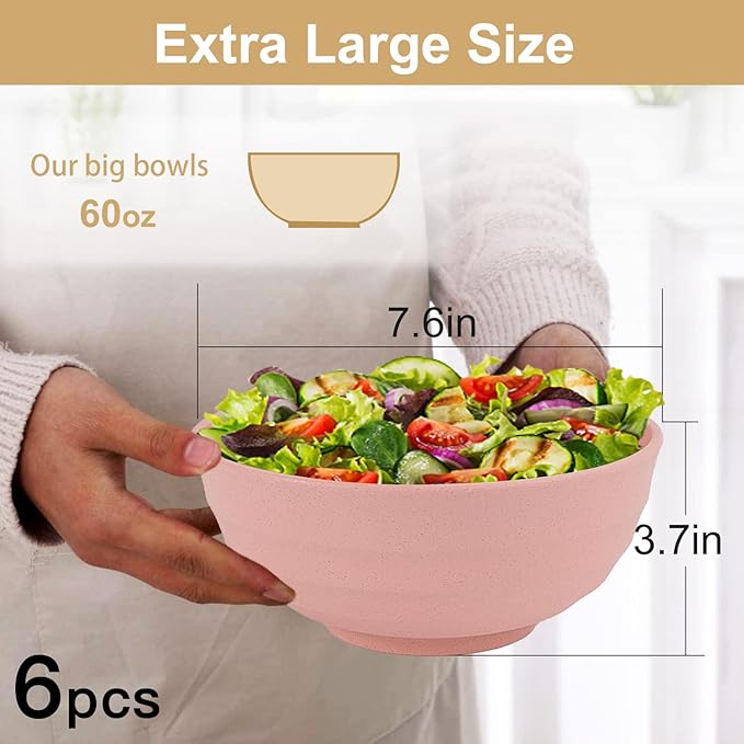 Wrova Wheat Straw Bowls Set 60 OZ Unbreakable Large Cereal Bowls Set of 6 - Image 2