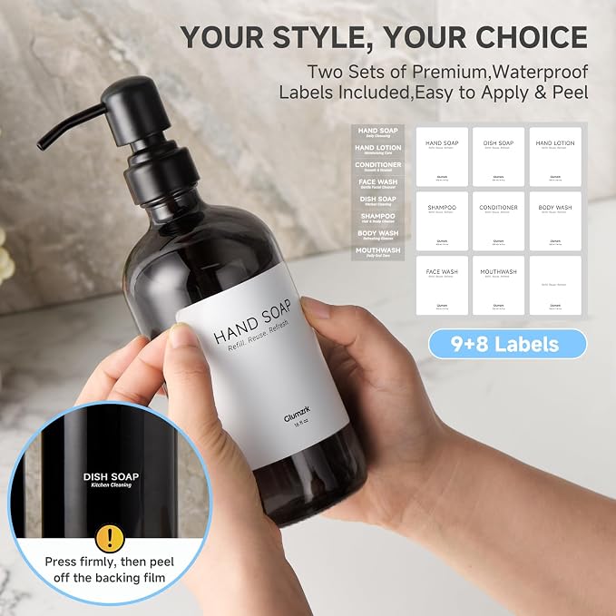 2 Pack Kitchen Soap Dispenser Set - 16oz Black Glass Dish and Hand Soap - Image 4