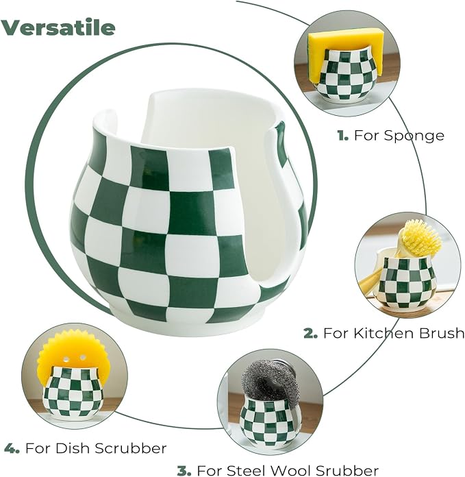 Zoeeker Kitchen Sponge Holder, Ceramic Sponge Organizer Checkered Scrubby - Image 4