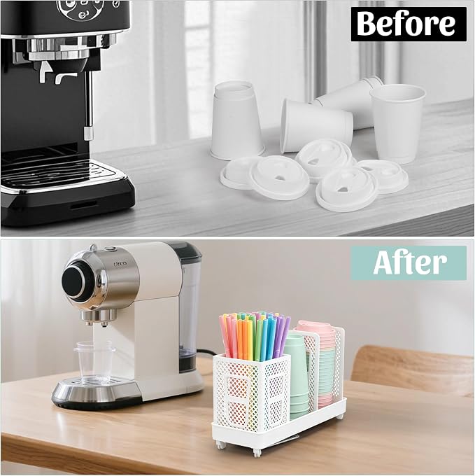 Coffee Cup Dispenser with Straws Holder, Plastic Coffee Cup and Lid Holder - Image 6