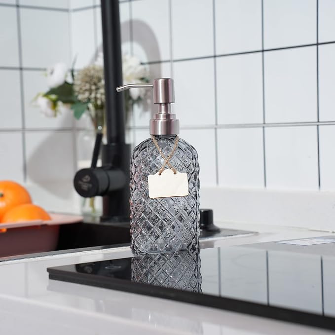 16 oz Diamond Pattern Glass Soap Dispenser, Kitchen and Bathroom Refillable - Image 5