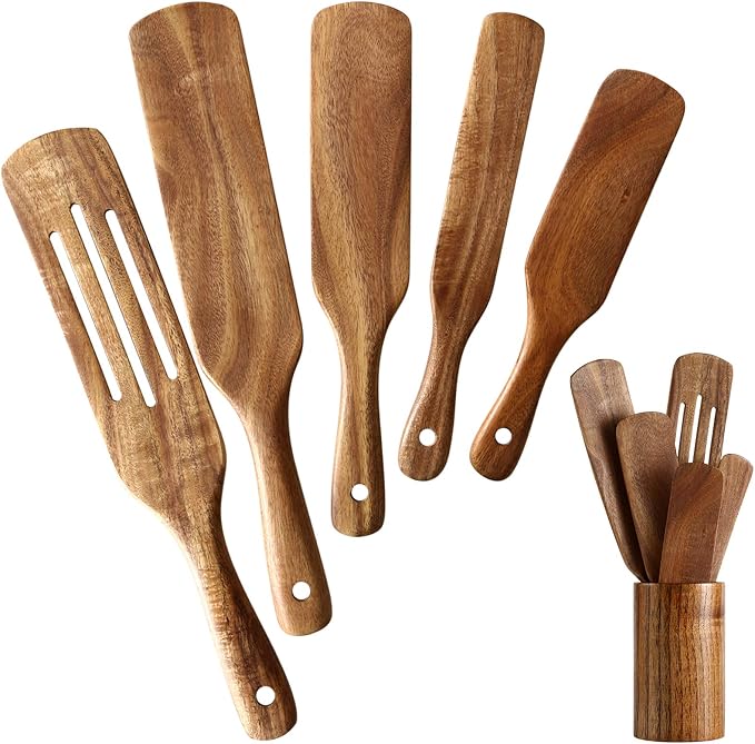 Wooden Spurtles Set with Holder, Natural Teak Kitchen Utensil Set of 6 by NAYAHOSE