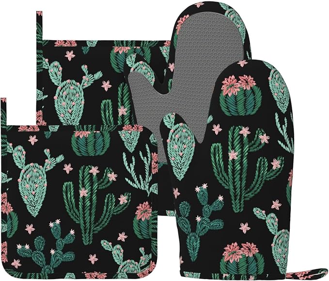 Trendy Cactus Oven Mitts and Pot Holders Sets of 4, Heat Resistant Silicone by Echoserein