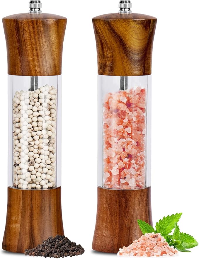 XWXO Acacia Wood Premium Acrylic Salt and Pepper Grinder Set 8 Inches Salt and by XWXO