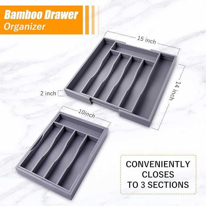 Kitchen Silverware Drawer Organizer and Storage Bamboo Wood Cooking Utensil - Image 5