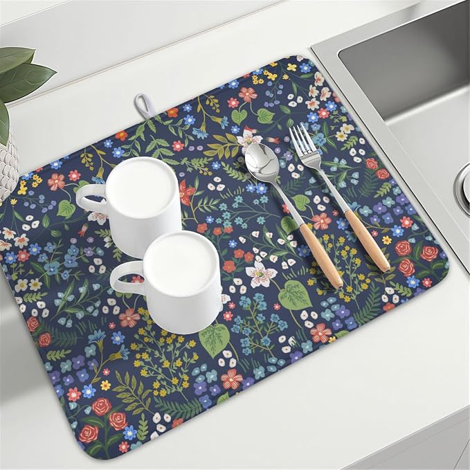 Flower Floral Dish Drying Mat 18x24 inch Microfiber Navy Blue Drying Mats - Image 6