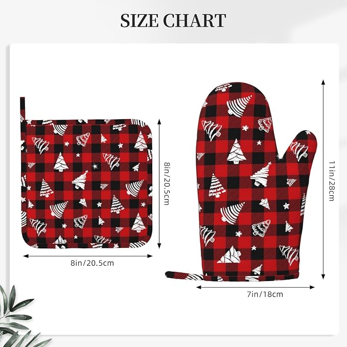 Red Gingham Plaid Christmas Tree Oven Mitts and Pot Holders Set - Image 3