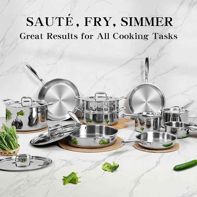 EWFEN Stainless Steel Cookware Set, 3 Ply 17 Piece Stainless Steel Pot and Pan - Image 6