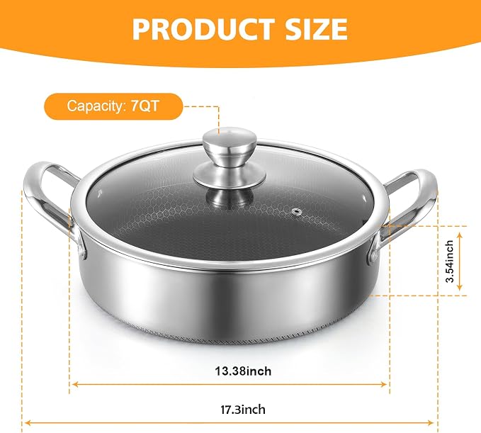 Toutrop Stainless Steel 7QT Saute Pan 14 Inch Deep Frying Pan - Image 2