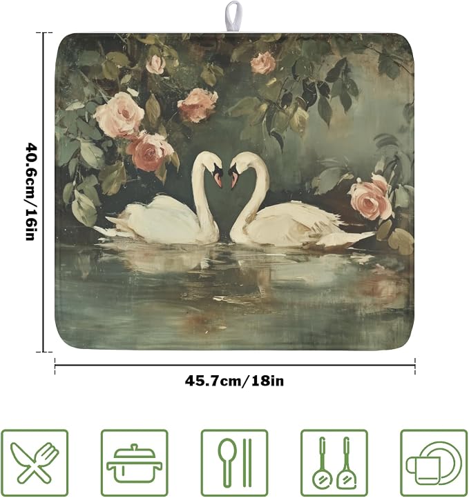 Swans Dish Drying Mat 18x16 Inch, Wildlife Aesthetic Dish Drainer Mats Summer - Image 2